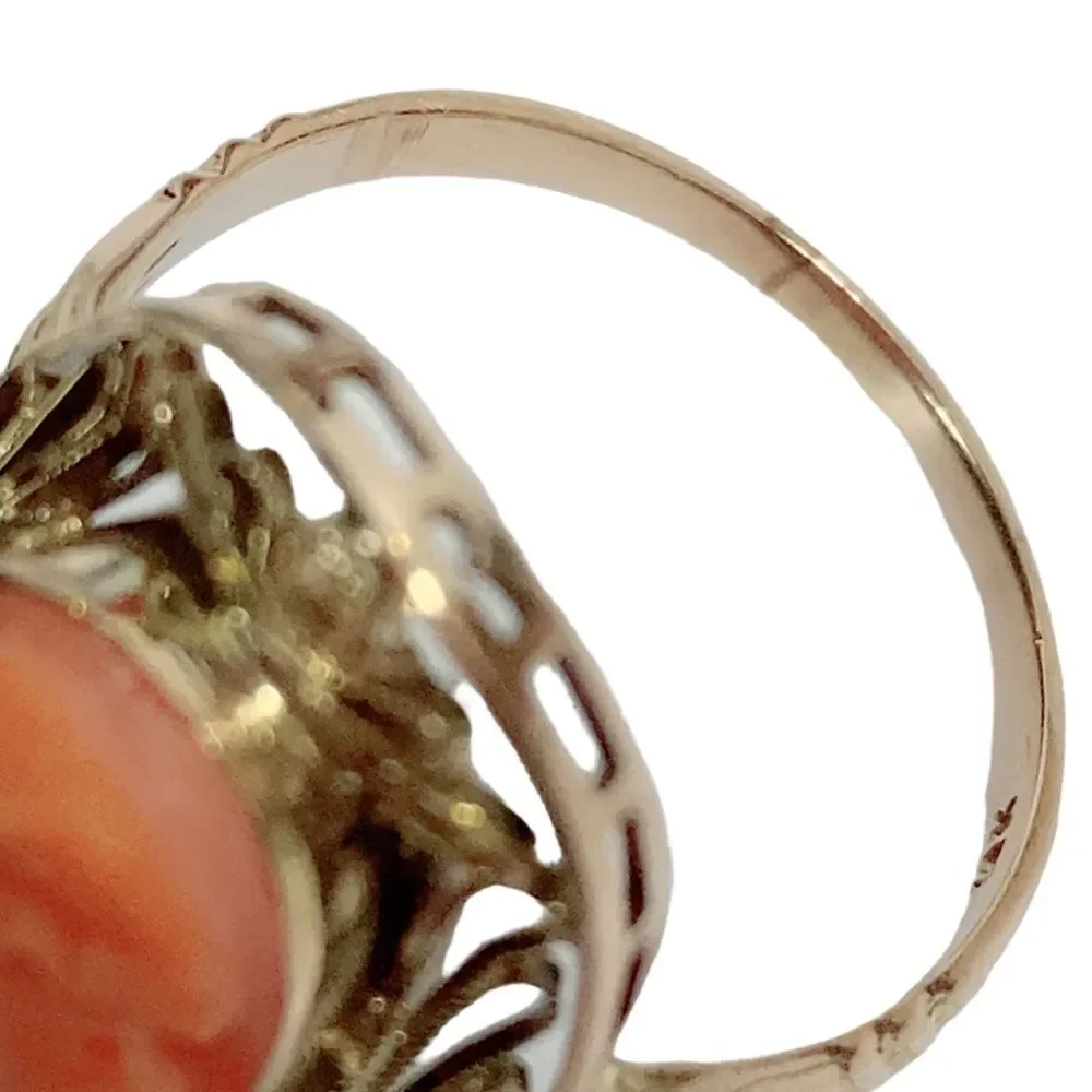Antique Victorian Carved Cameo Ring 10k Yellow Gold Filigree Oval Sz 7.5 Vintage